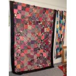 Mid 20th century silk sample patchwork worked in colourful rectangles and a cream back, 88cm by