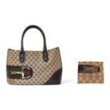 Gucci Cherry Line Tote Handbag, in brown logo canvas, with brown leather mounts, Gucci green and red