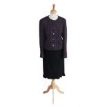 Chanel Aubergine Wool Mix Checked Jacket, woven with silver threads, round neck, two patch