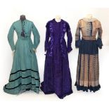 Victorian Purple Silk and Velvet Trimmed Dress, with a ruched panel to the centre of the skirt