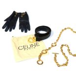 Celine Paris Gilt Metal Chain Link Belt and a Celine Black Leather Belt with similar gilt metal
