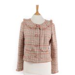 Chanel Loose Woven Long Sleeved Jacket, in peach and cream, scooped neck and fringing (size 44) .