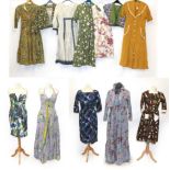 Circa 1950's and Later Mainly Printed Cotton Dresses and Skirts, comprising a sage green, yellow and
