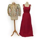Circa 1950's Dark Pink Silk Taffeta Evening Dress, sleeveless with spaghetti straps and pleated