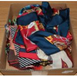 Assorted silk and polyester scarves including a Hermes silk scarf in red and blue silk decorated