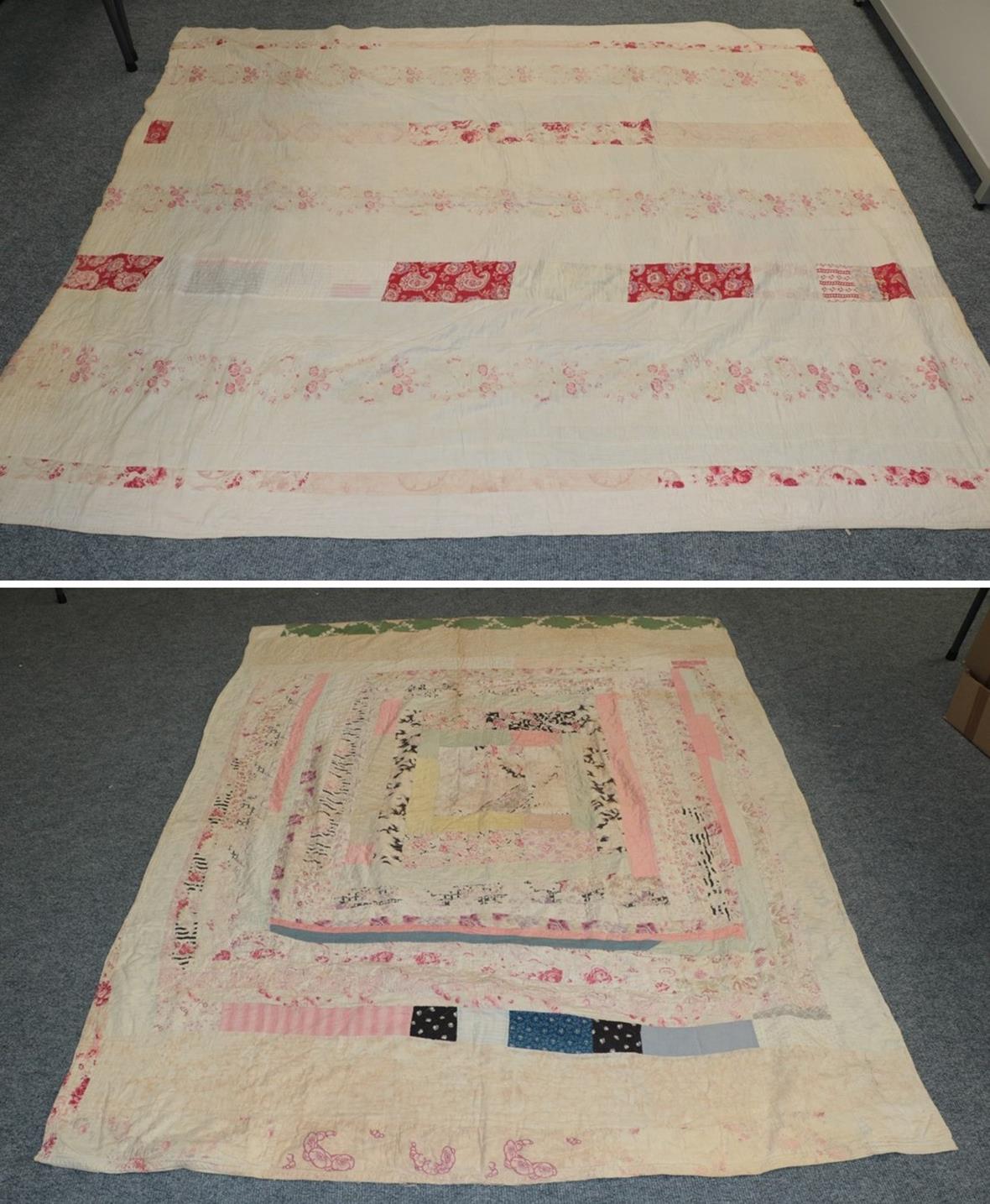 Late 19th century patchwork bed cover, incorporating floral sprigged, worked in frames around a