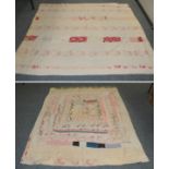 Late 19th century patchwork bed cover, incorporating floral sprigged, worked in frames around a