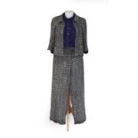 Chanel Trouser Suit, in wool, cotton and silk mix petrol blue, white, grey and metallic woven