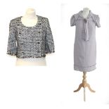 Chanel Light Mauve Short Sleeve Dress, woven with metallic threads, shawl neck collar and faux scarf