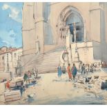 Arthur Henry Knighton Hammond (1875-1970) Figures before a church Signed, watercolour, 48.5cm by