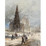 Brian Shields 'Braaq' FBA (1951-1997) Snow scene with figures before a church Signed and