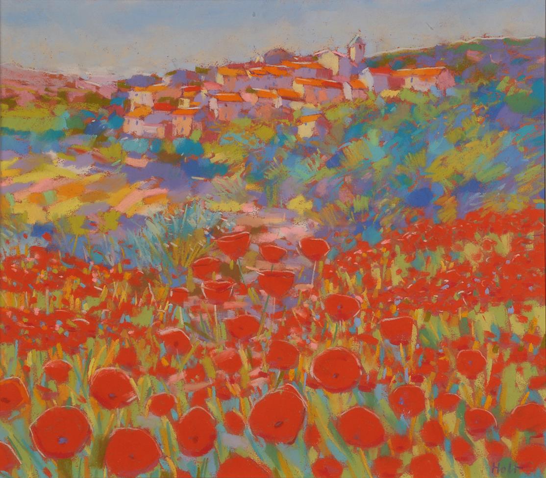 John Holt (b.1949) Poppies in a Tuscan landscape Signed, pastel, 35cm by 40cm Artist's Resale