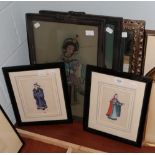 A pair of Chinese pith paintings, a pair of late 19th century Chinese reverse paintings on glass