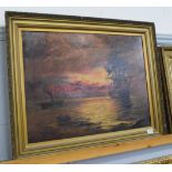 T.N Guy 19/20th century, red sky at night with ships, signed oil on canvas 50cm by 68cm