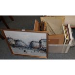R Daney 20th century, Parisian street scene, signed oil on board, together with a quantity of