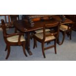 A mahogany mirror back sideboard, an oak refectory table and four mahogany chairs