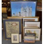 A decorative group of maps, etchings and reproduction prints (qty)