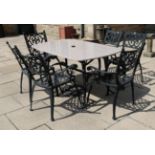 A NOVA garden furniture set comprising six cast metal lattice-seated open armchairs and a faux