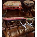 A late 19th century walnut dressing stool, with floral needlework cover on carved cabriole legs, a