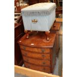 A mahogany and satinwood banded four drawer chest; a reproduction walnut bow fronted chest; and an
