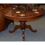 An Italian reproduction walnut marquetry decorated pedestal dining table, 120cm diameter by 78cm