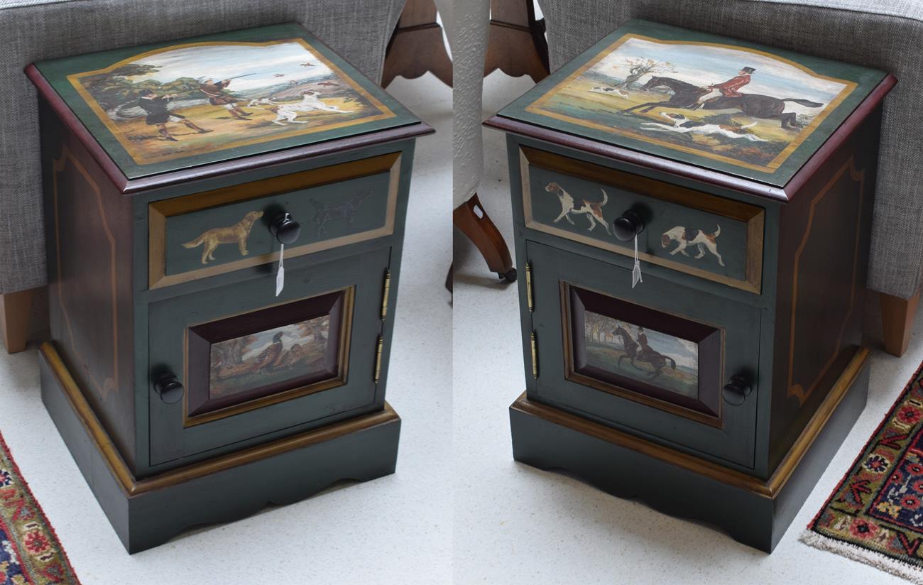 A pair of modern bedside cupboards painted with hunting shooting scenes