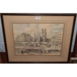 Dennis Flanders (20th Century) The Market Place, Cambridge, signed, inscribed verso, mixed media,