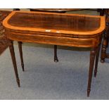 An early 19th century rosewood and satinwood banded fold over card table