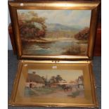 R Butler, extensive riverside landscape, signed, oil on canvas board; together with S Towers,
