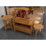Three modern light wood occasional tables; a similar low stand; and coffee table (5)