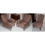 A pair of inlaid mahogany Edwardian upholstered armchairs, together with a similarly upholstered