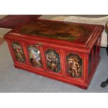 A red painted chest, early 20th century, the hinged lid decorated with the Battle of the Nile, the