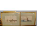 Arthur Drew (fl.1900-1910) Seascape with Continental harbour, signed watercolour, together with a