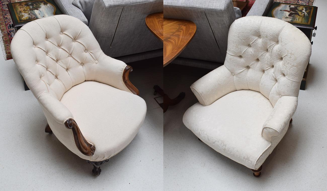 Two Victorian mahogany framed cream upholstered button back chairs