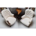 Two Victorian mahogany framed cream upholstered button back chairs