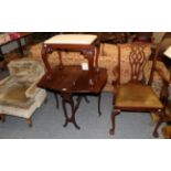A carved mahogany dressing stool with drop-in seat; a carved mahogany armchair; an Edwardian