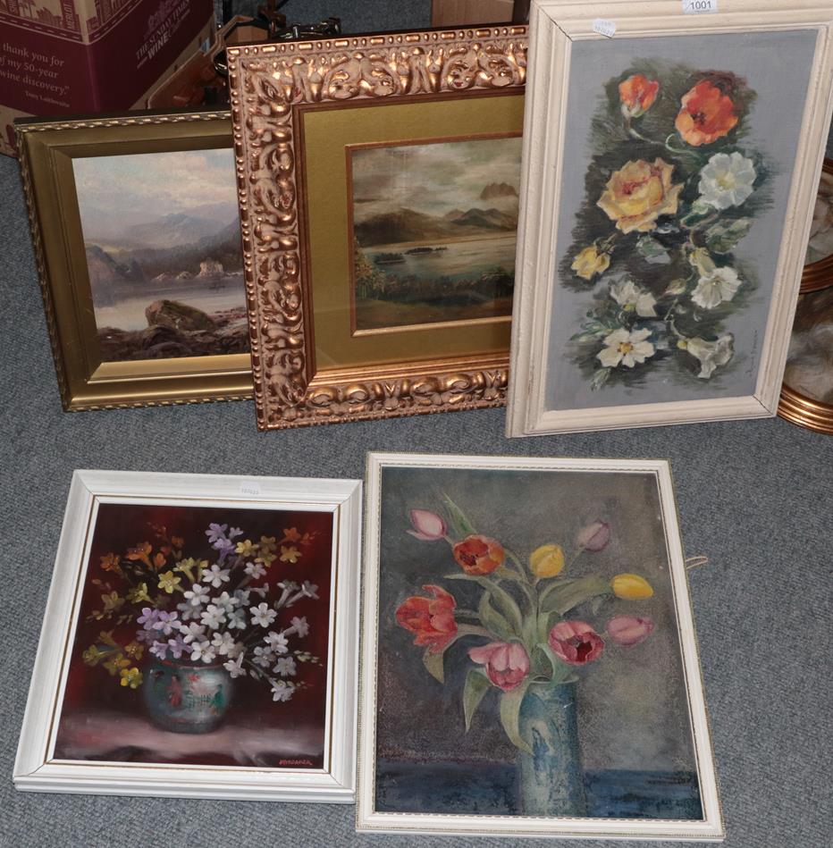 Three British School still life paintings by various hands; and two oil paintings of landscapes (5)