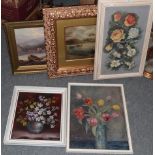 Three British School still life paintings by various hands; and two oil paintings of landscapes (5)