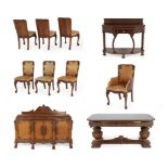 Maple & Co: an impressive carved oak ten piece dining room suite, early 20th century, comprising a