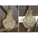 A large lustre drop bag three-light ceiling light; together with a smaller example (2)