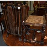 A 17th century carved walnut stool with caned seat (adapted from a dining chair) and a similar later