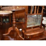 A 19th century mahogany toilet mirror and a 19th century elm tripod table with games board top (2)