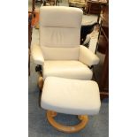 A Stressless cream leather reclining chair and footstool