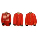 Three Home Service Scarlet Tunics, one to a bandsman with Pioneer Corps staybrite buttons, one