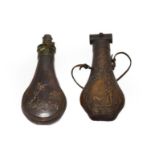 A 19th Century Copper Powder Flask, of pear shape with canted lower edges, one side embossed with