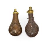 A 19th Century Copper Powder Flask By G & J W Hawksley, Sheffield, richly embossed with hanging game