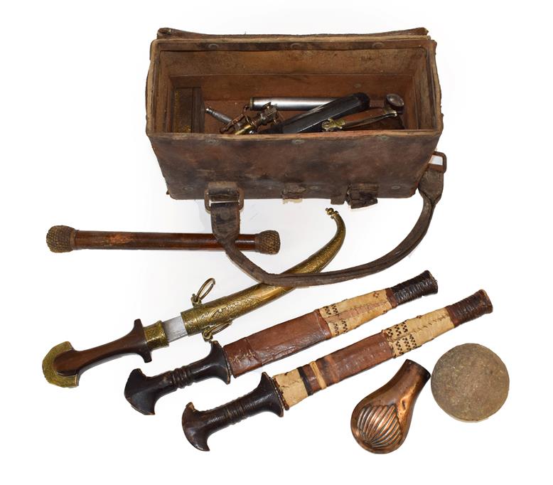 A Quantity of Gun Accessories, including a copper powder flask of canted rectangular form, gun