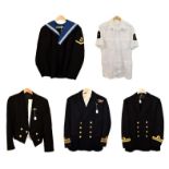 A Quantity of Royal Navy Uniforms, including a blue jacket to Lieutenant Commander with Second World