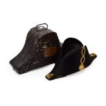 A Victorian Naval Officer's Black Silk Bicorn Hat, with gold braid anf black petersham ribbon, by