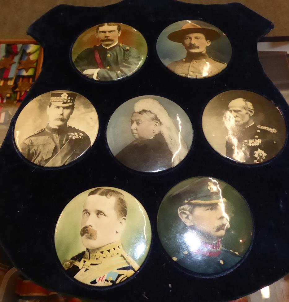 A Blue Velvet Shop Display Shield, set with seven large celluloid photographic button badges - Image 3 of 7
